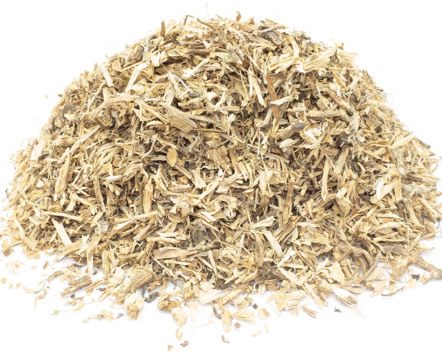 A small pile of dried, cut stinging nettle root on a white background