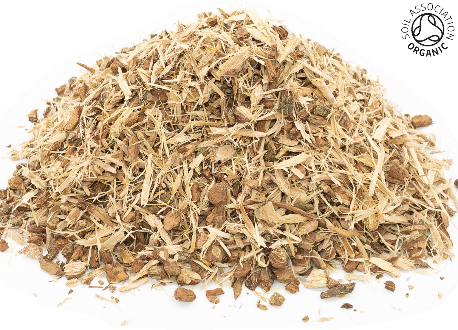 A small pile of dried, cut, organic oak bark on a white background with the Soil Association Organic Logo in the top right corner
