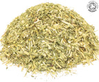 A small pile of dried, cut, organic oat straw flowering tops on a white background with the Soil Association Organic Logo in the top right corner