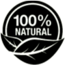 Round black and white '100% Natural' label with two leaves overlaid at the bottom on a white background