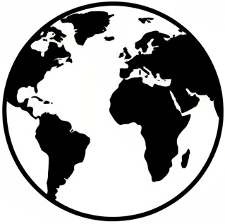 A small planet earth icon in black and white