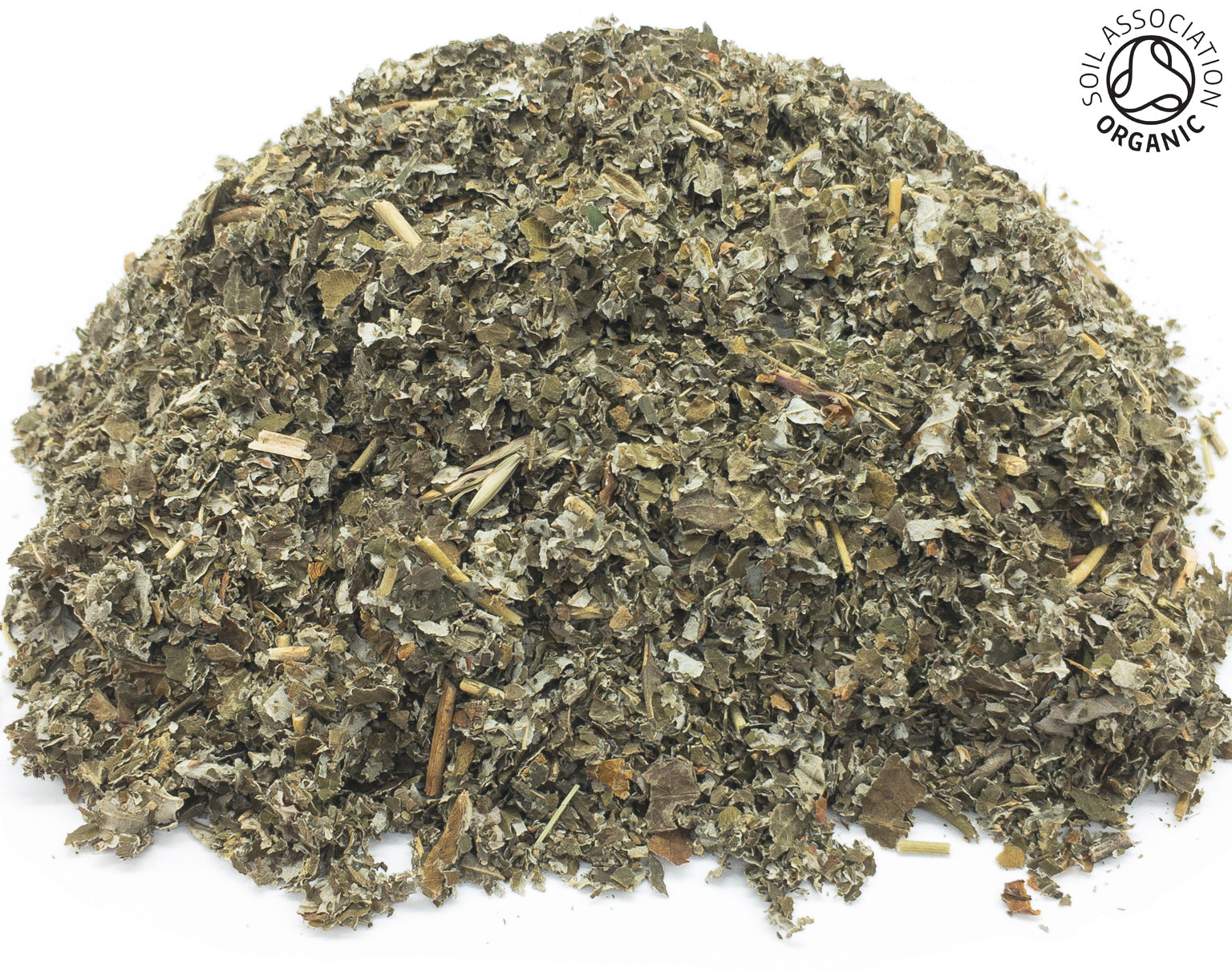 A small pile of organic cut raspberry leaves on a white background with the Soil Association organic logo in the top right hand corner