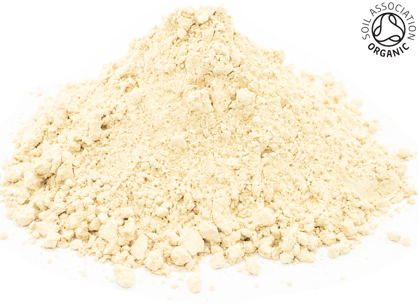 A small pile of ground, organic red maca root powder on a white background, with the Soil Association organic logo in the top right hand corner
