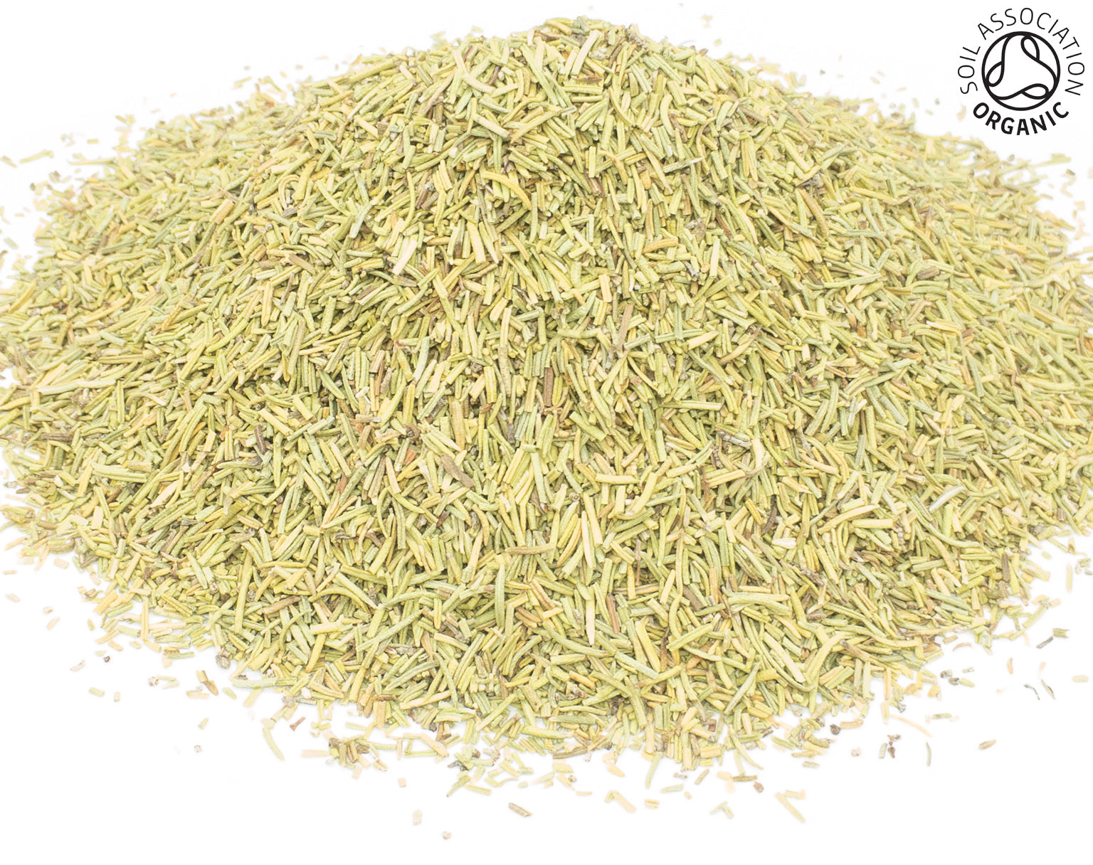 A small pile of dried, cut, organic rosemary leaves on a white background with the Soil Association Organic Logo in the top right corner