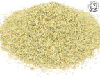 A small pile of dried, cut, organic rosemary leaves on a white background with the Soil Association Organic Logo in the top right corner