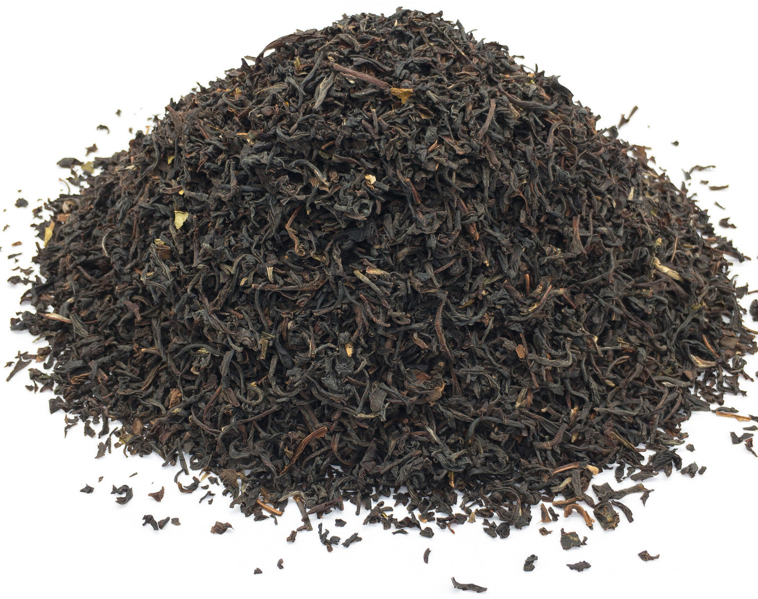 A small pile of dried, classic royal blend black tea leaves on a white background