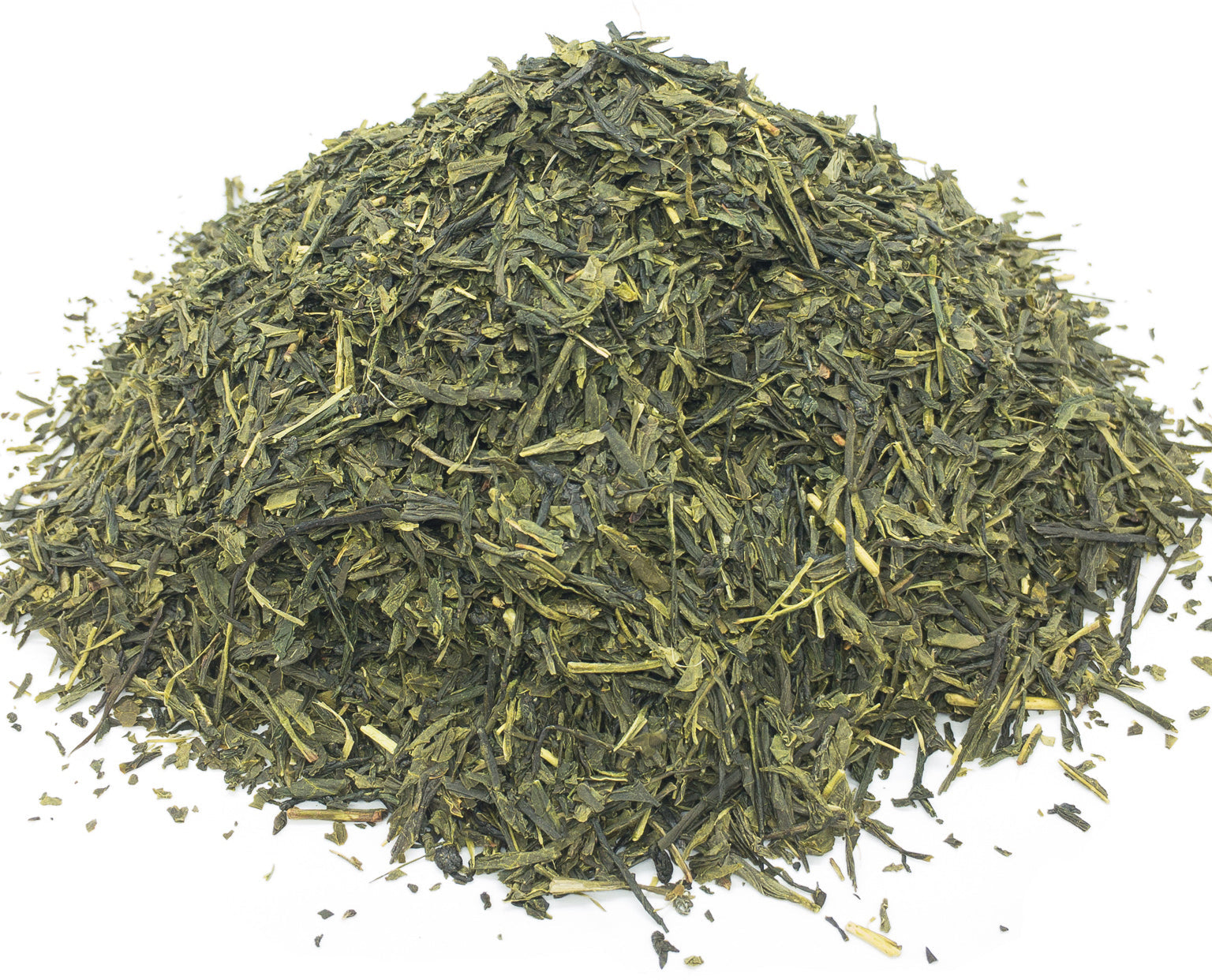 A small pile of Japanese Sencha green tea leaves on a white background
