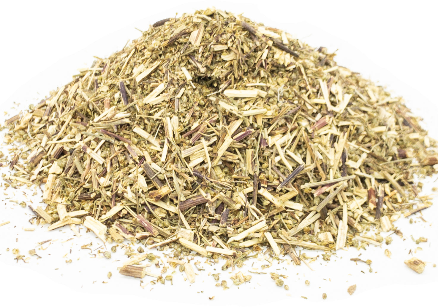A small pile of dried, cut southernwood herb, leaf and stem, on a white background