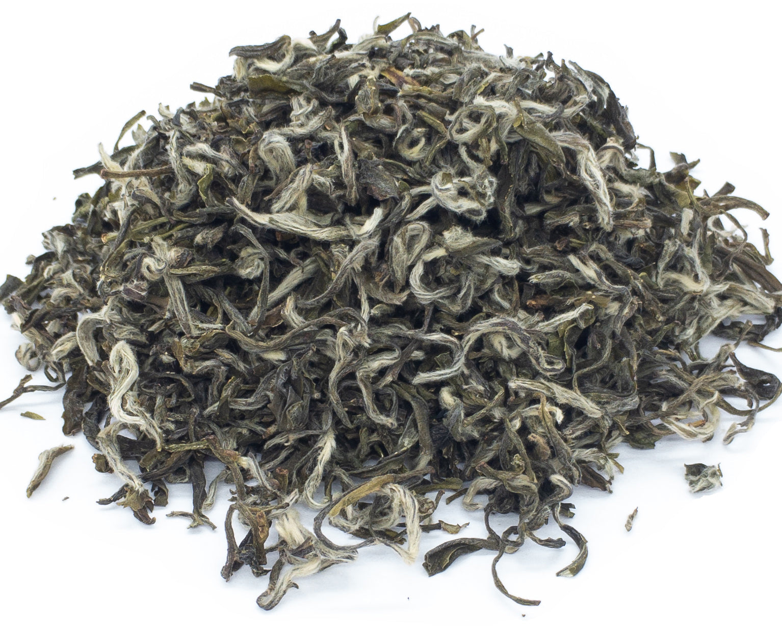 A small pile of dried, white monkey chinese green tea leaves on a white background
