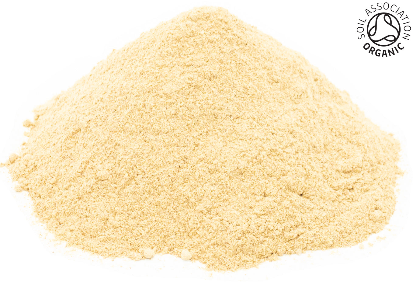A pile of ground, organic yellow maca root powder on a white background, with the Soil Association organic logo in the top right hand corner