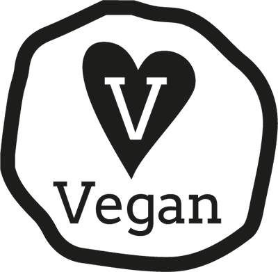 Vegan logo with a heart-shaped 'V' inside on a white background